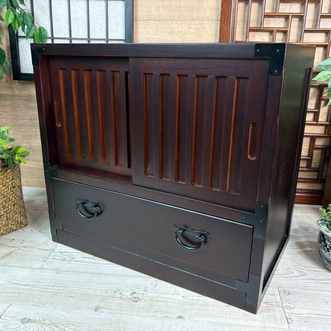 訳あり品！【135】民芸家具木製桐材無垢引き戸チェストタンス木製収納家具和室和風