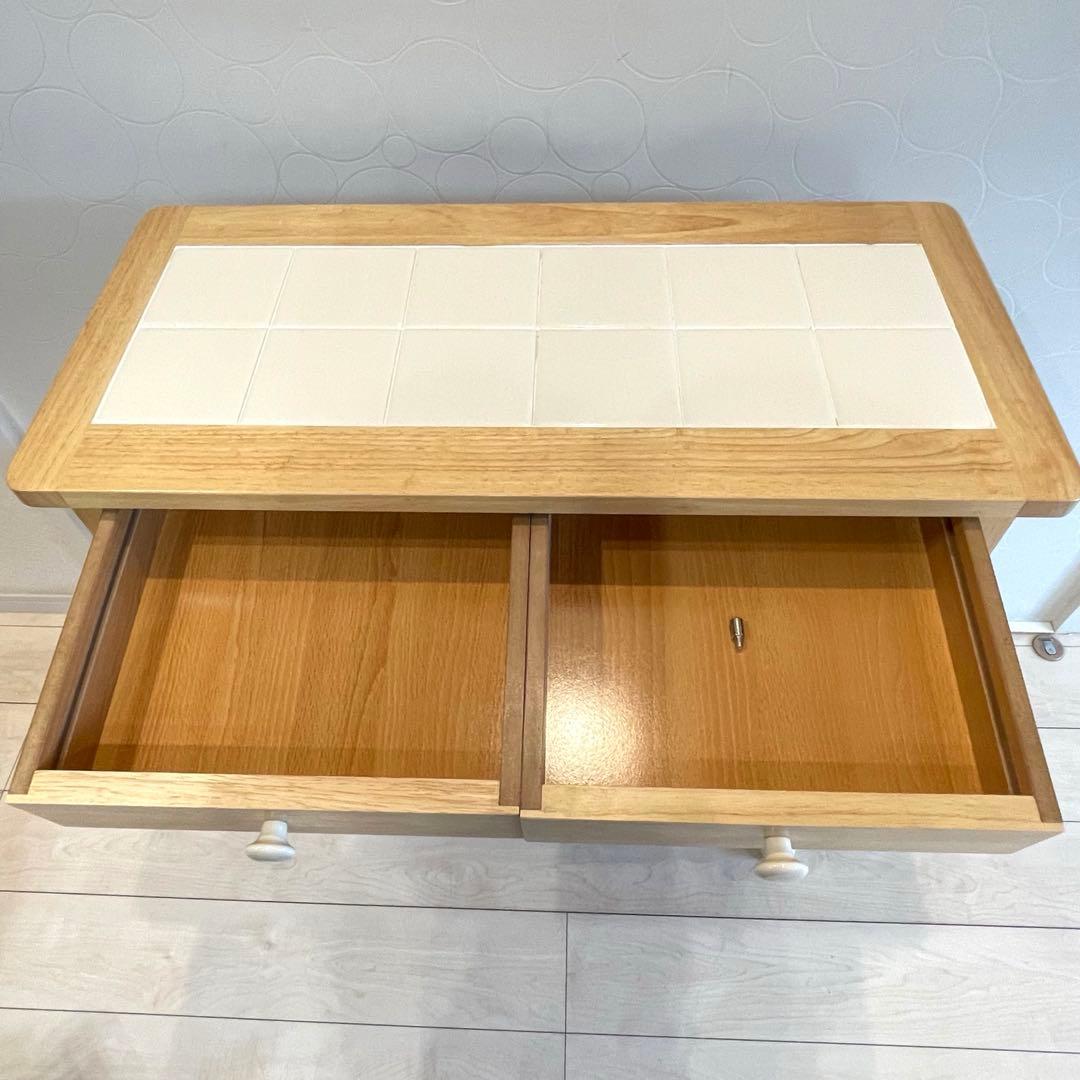 【美品】 タイル天板 木製キッチンワゴン キャスター付 北欧 収納棚 カントリー