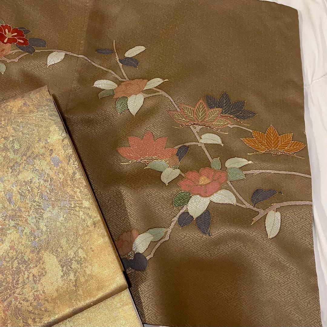 訪問着　付下げ　袷　正絹　ブラウン　茶色　ブロンズ　トールサイズ　ロング丈