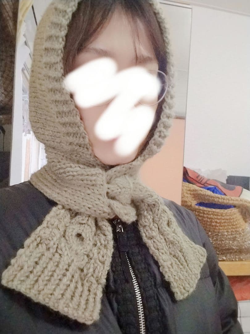 ■前にならえフード　バラクラバ　アラン模様　クリームカーキ