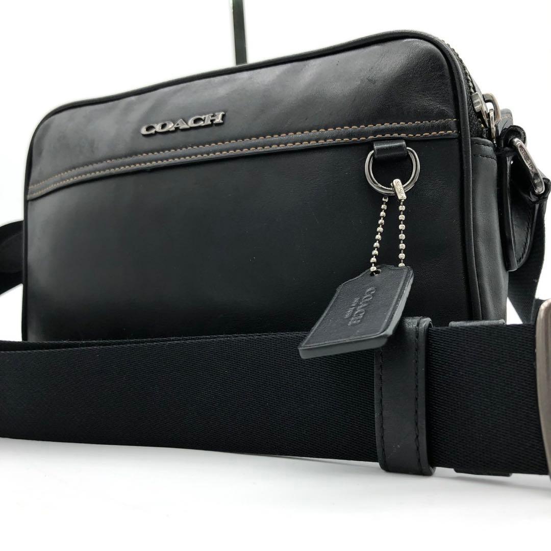 【美品】コーチ ショルダーバッグ グラハム ダブルファスナー レザー ブラック