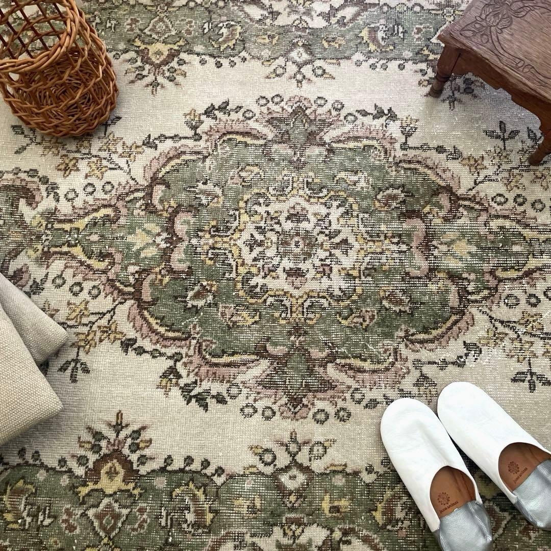 115×206 モスグリーン×クリーム　メダリオン　トルコヴィンテージラグ