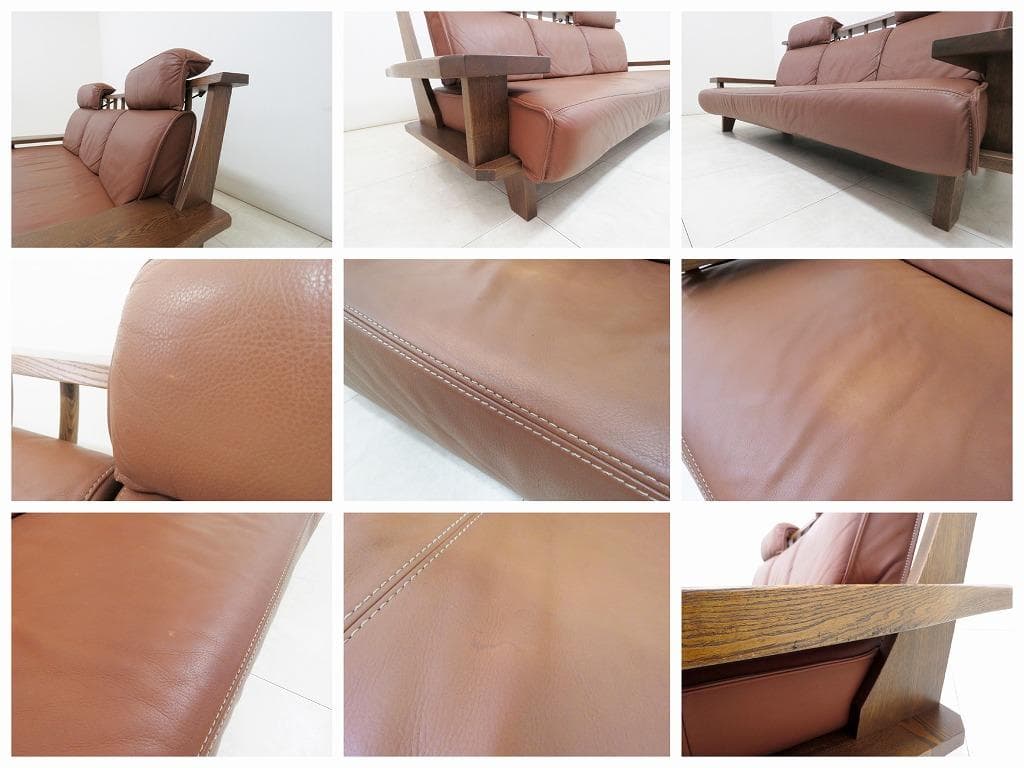 ■葉山ガーデン■WAZA 3人掛けソファ■本革■天然木■ウッドアーム■和モダン