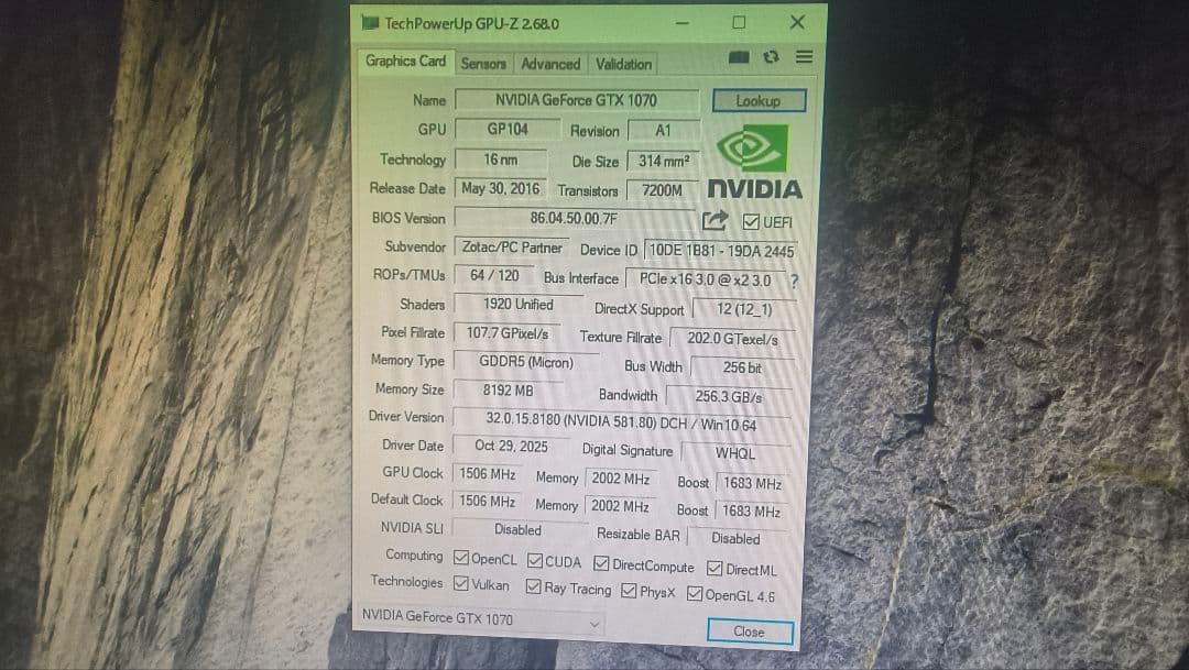 ジャンク ZOTAC GTX 1070 8G 動作確認済み ①