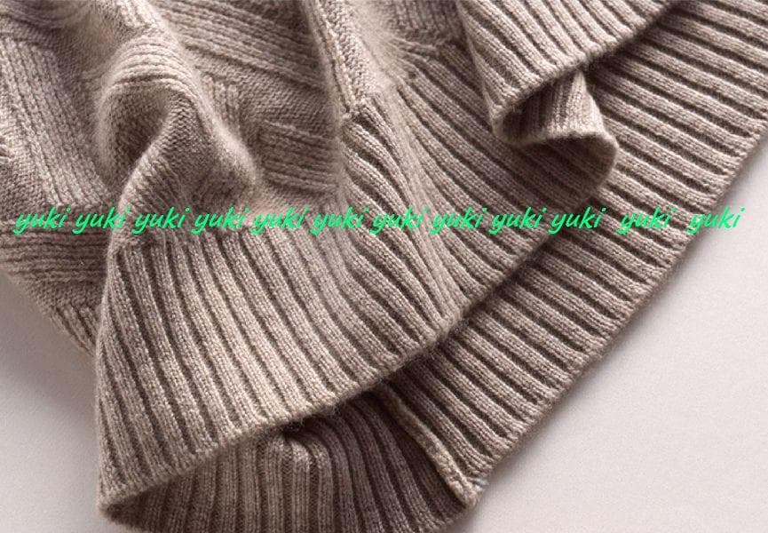 M暖か上質カシミヤ100％★ハイネックデザイン編みロングニットワンピ♪モカM