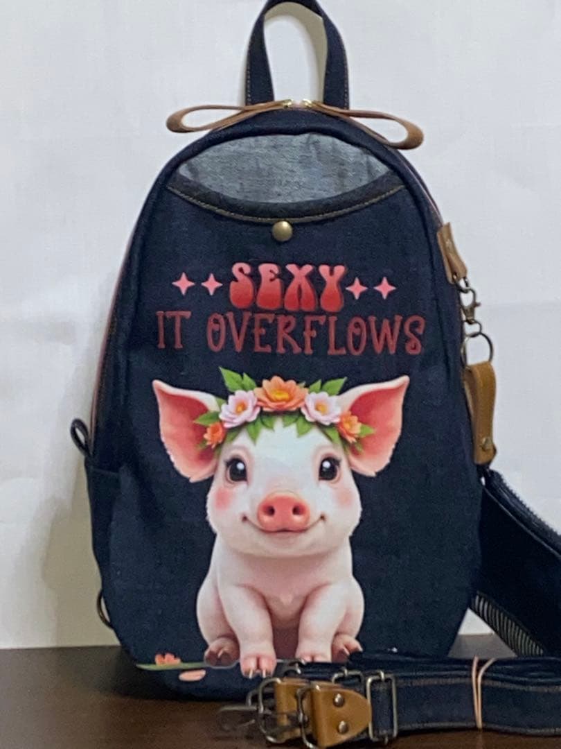男女兼用☆岡山デニム☆ブタさん☆リュックorワンショルダーバッグ