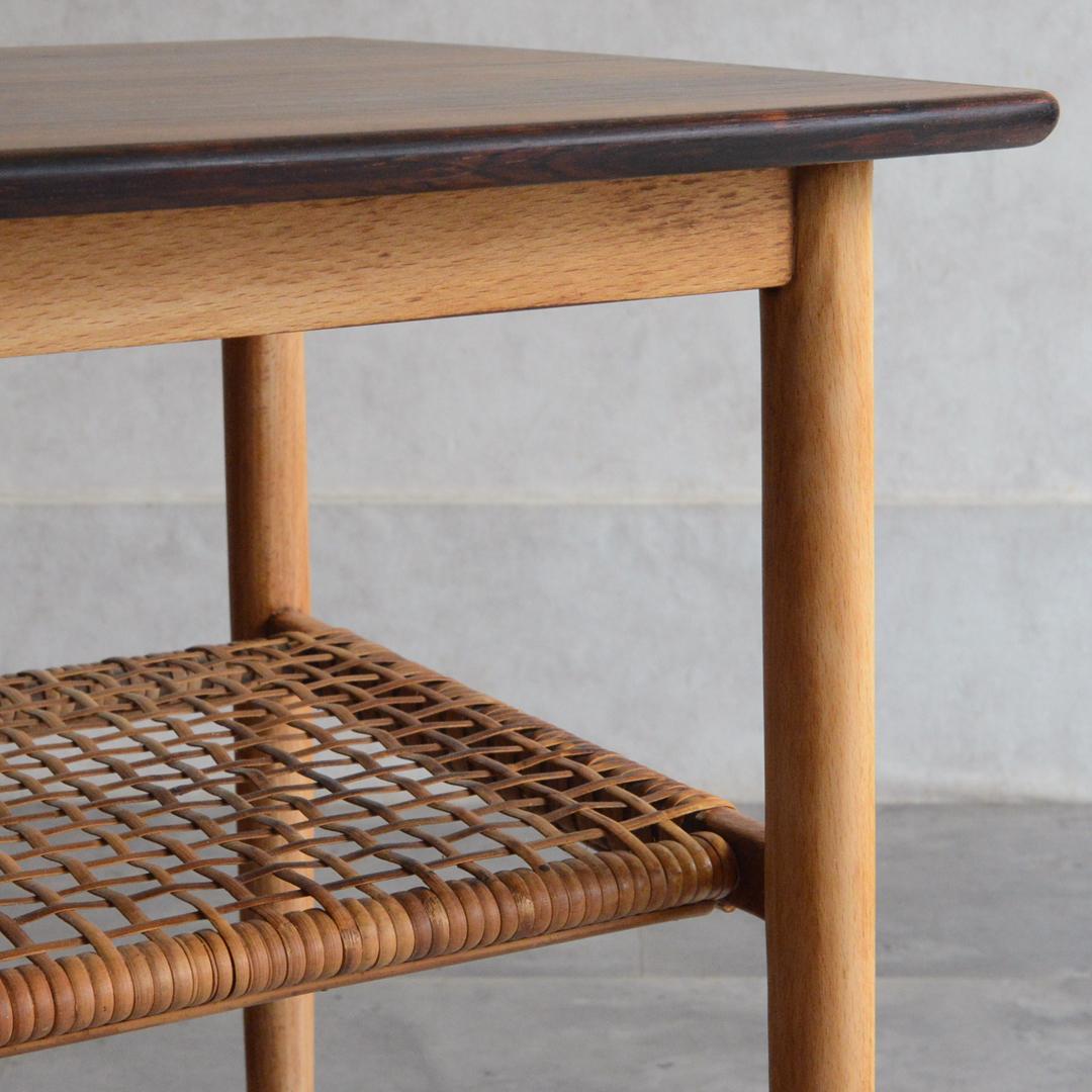 デンマーク 北欧ヴィンテージ サイドテーブル ローズウッド 北欧家具 ラタン棚付
