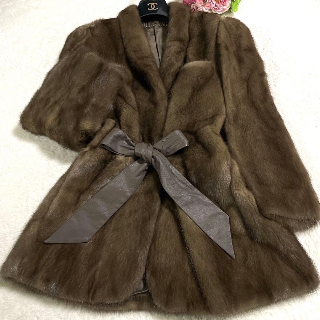 美品◎デミバフミンク ファーコート ベルト付き ポケット ブラウン系 MINK
