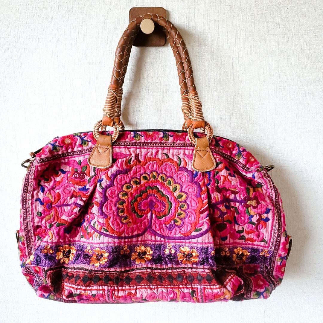 ★ 一点物 未使用 ★ アジア 少数民族 刺繍 古布 ショルダーバッグ ピンク