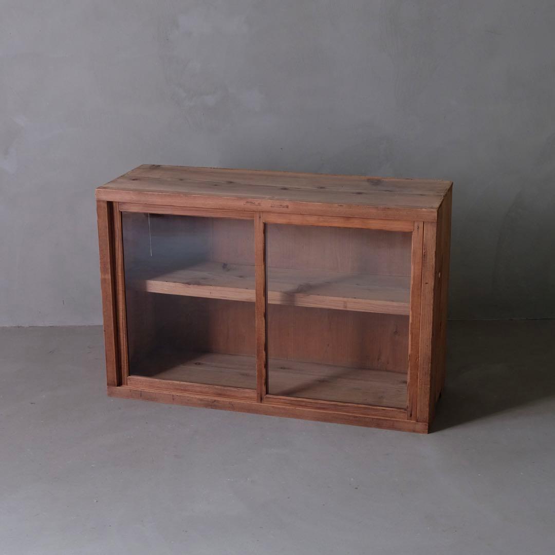 大正期 杉材 ガラス戸棚B ゆらゆらガラス　食器棚 収納棚 水屋 本棚 古家具