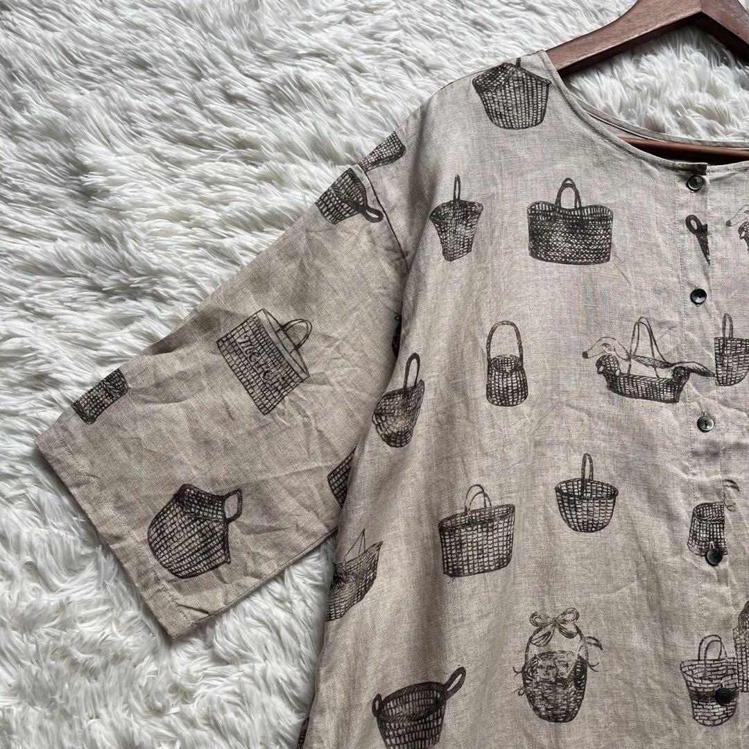 【美品】ビアズリー ロングワンピース リネン 総柄 フレア ナチュラル