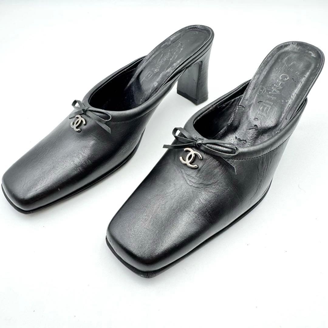 CHANEL シャネル　ココマーク　レザー　ブラック　ミュール　パンプス　ヒール