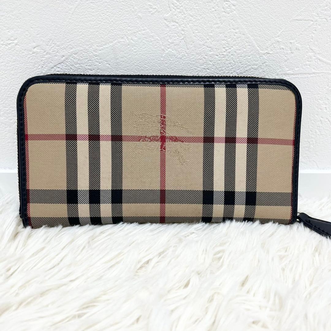 極美品　バーバリー　長財布　ラウンド　ノバチェック　レザー　ホースロゴ　切替