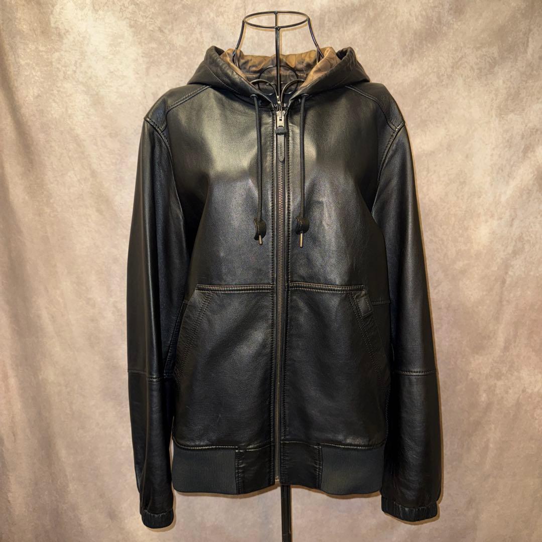 COACH レザーパーカー ラムレザー L フード付き ジップアップ ブラック