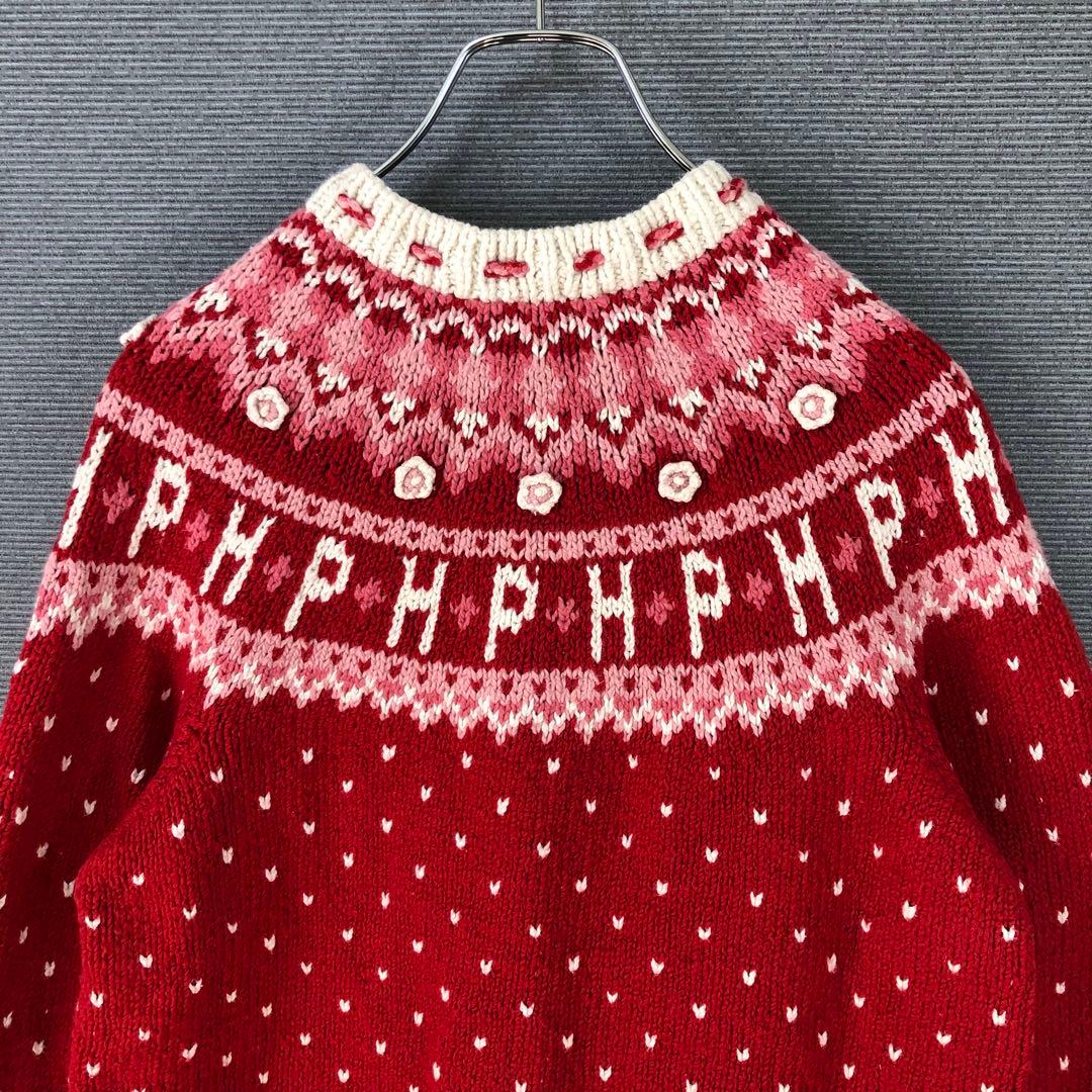 PINK HOUSE 花柄 ハート ノルディック カーディガン レッド