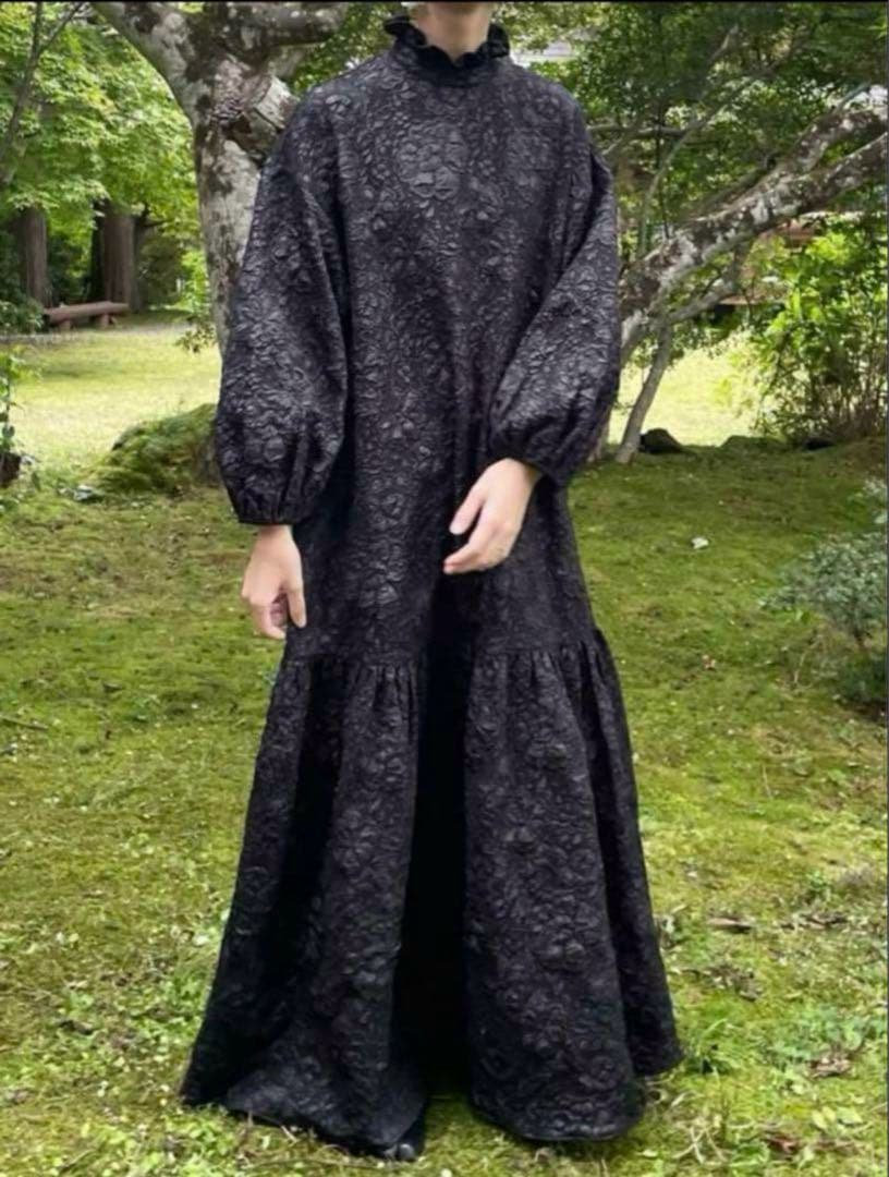 ペルナ PERNA ジャガード花柄 ロングワンピース 縦L/横XS 黒