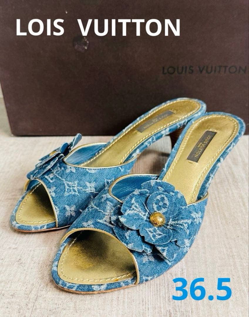 ■LOUIS VUITTON■替えヒール付き■デニム地モノグラムミュール■お花■