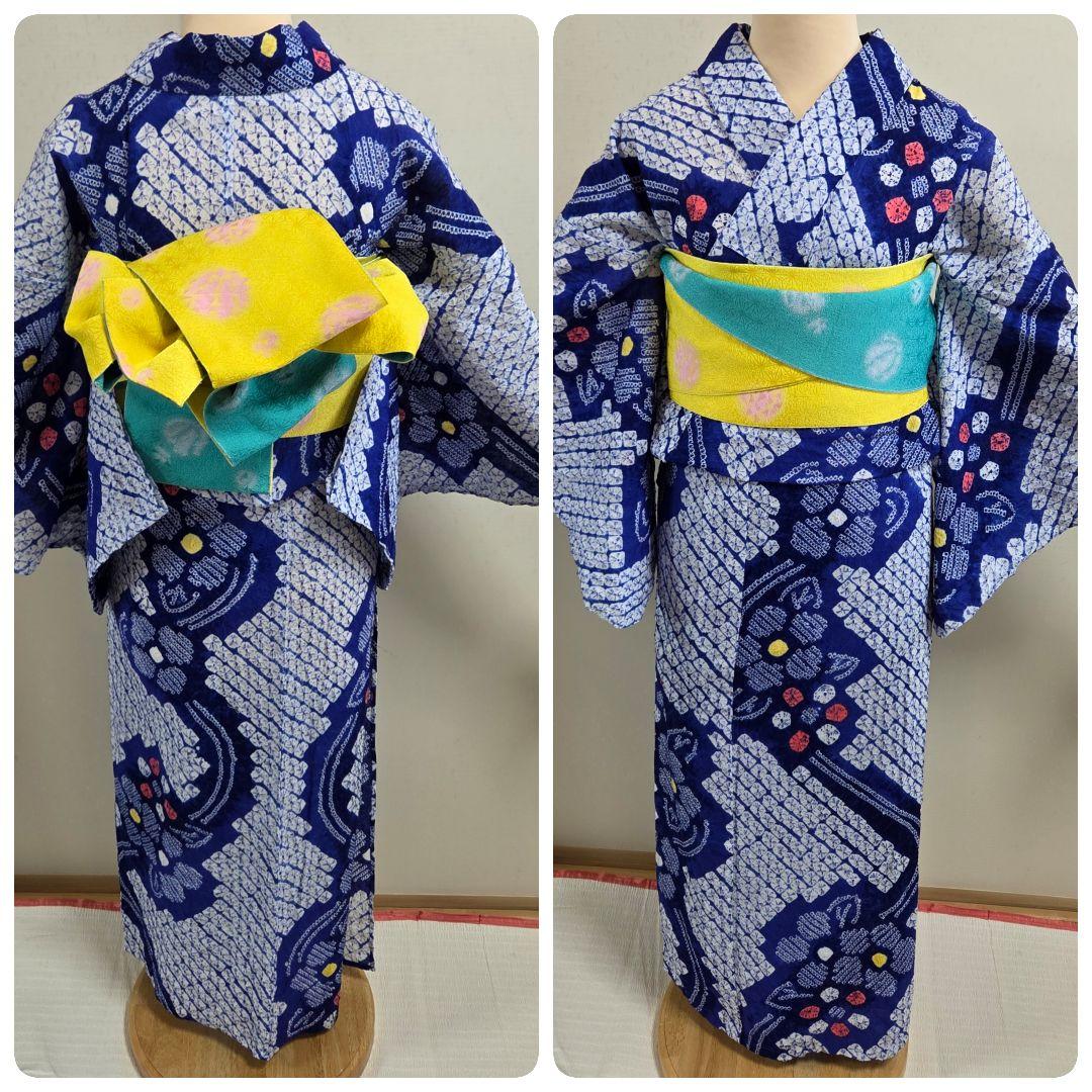 レトロ☆明るい青に花柄の絞り浴衣