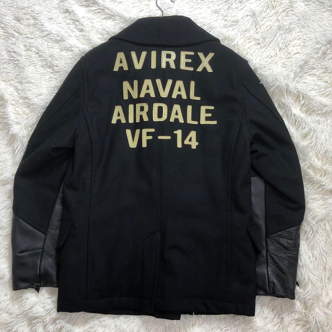 AVIREX　Pコート　切替　袖レザー　牛革　ワッペン　ダブル仕様　ブラック　L