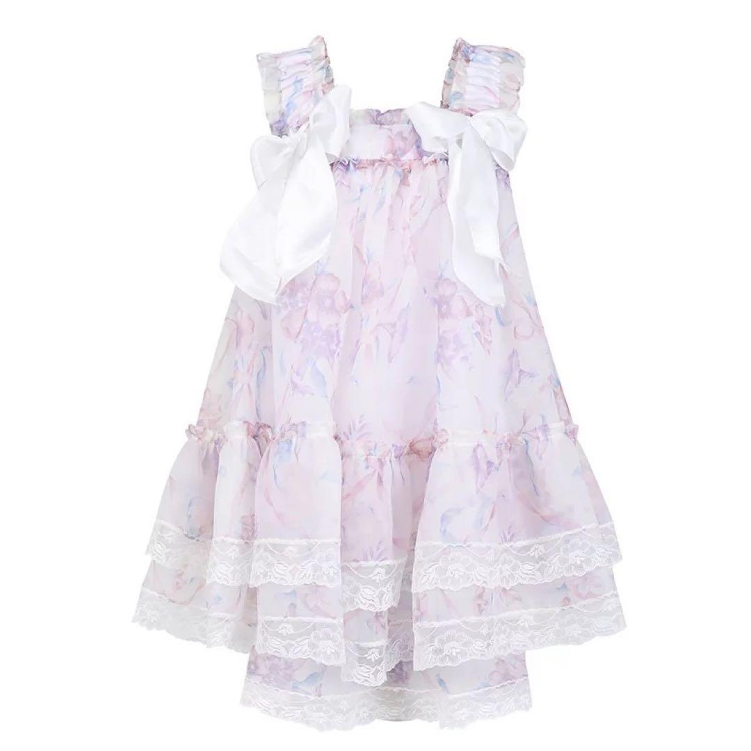 Selkie リボン付きフラワープリントシフォンワンピース