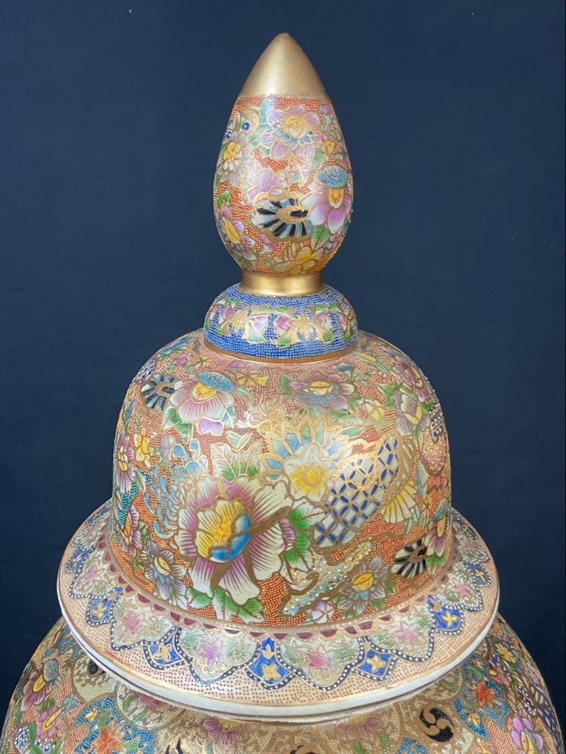 薩摩 特大 沈香壺 花鳥図 高さ約127cm 飾壺 特大花瓶 牡丹 孔雀 金彩