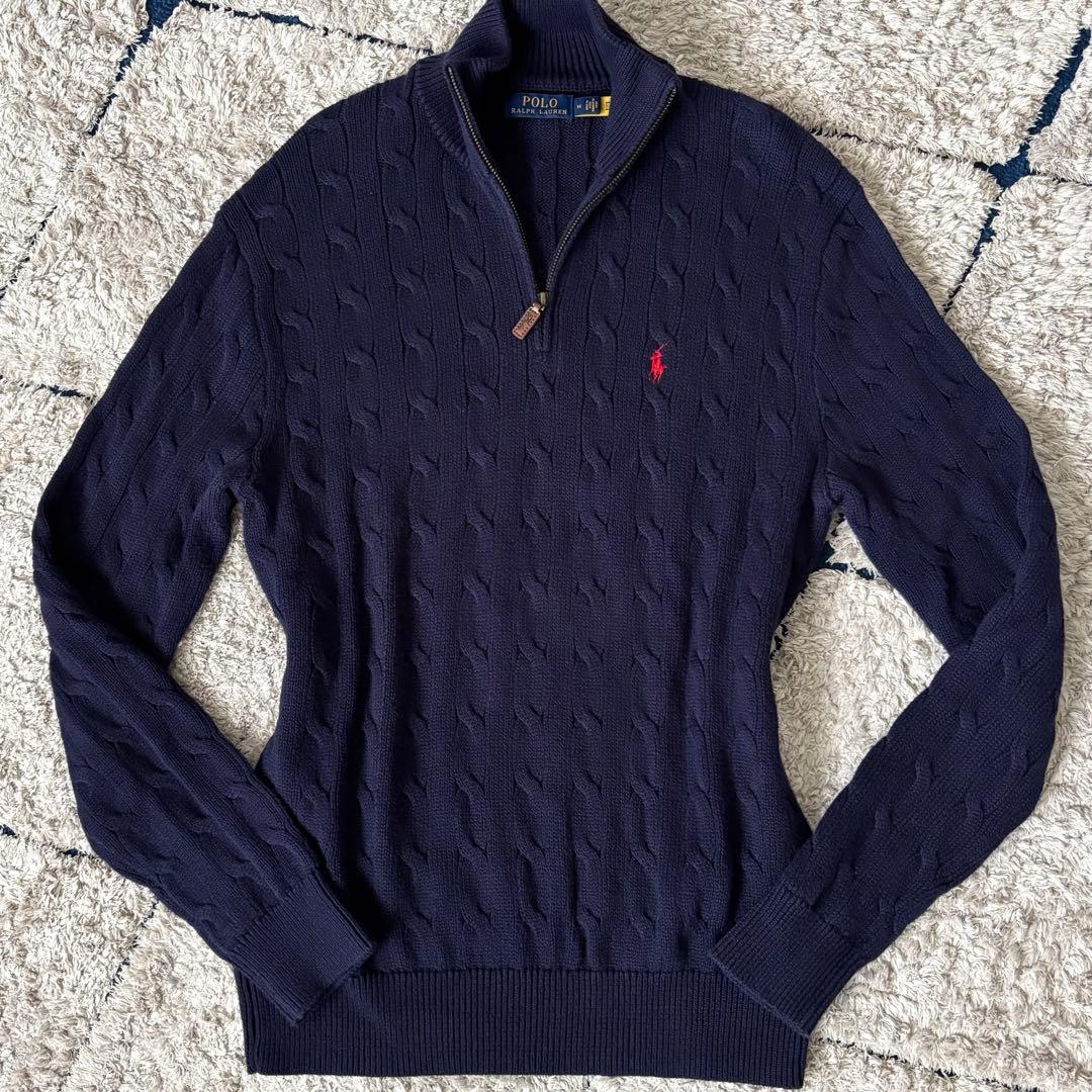 【希少✨】ポロラルフローレン　ケーブルニット　ハーフジップ　紺　大人気　刺繍　M