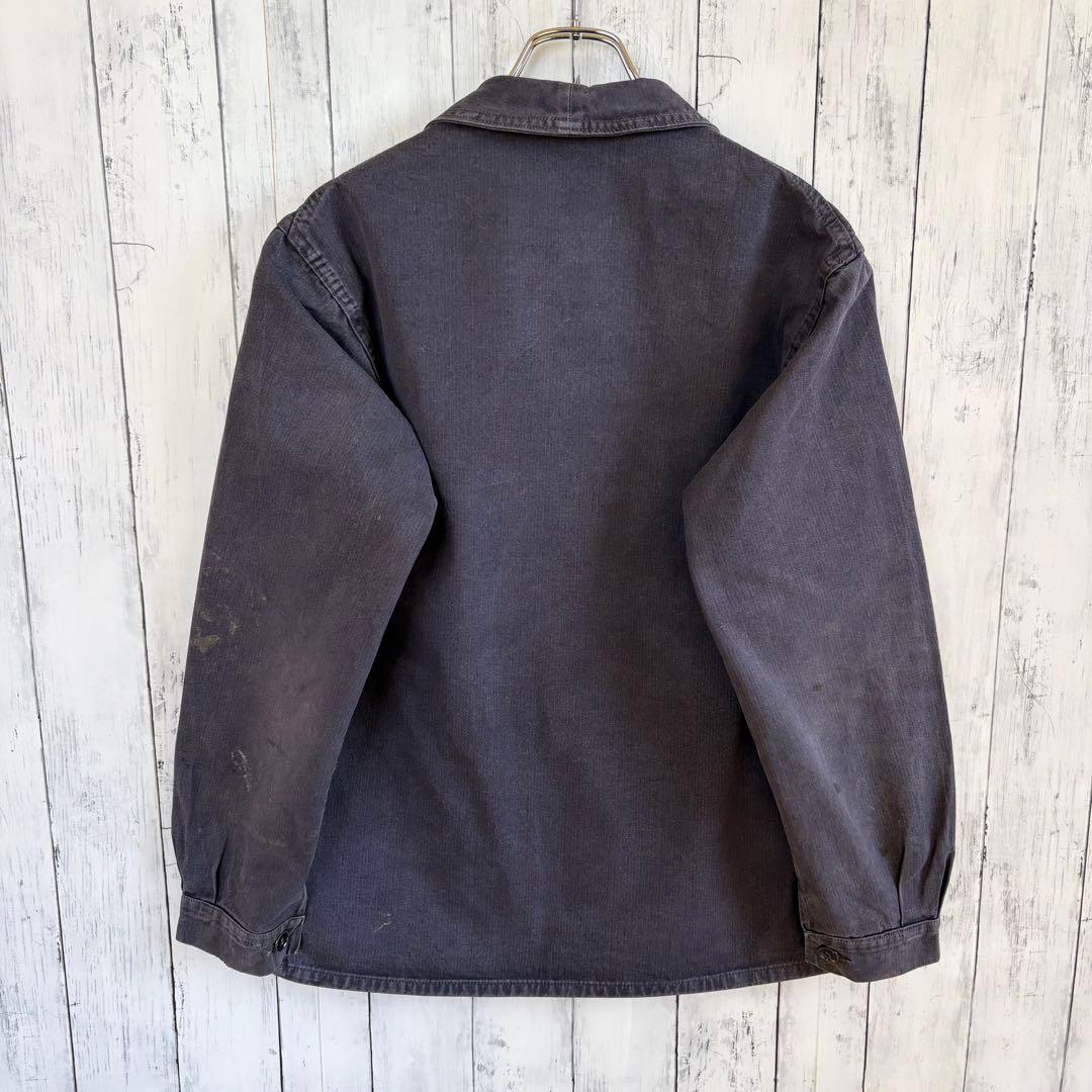 60s 70s フランス軍 ヘリンボーン カバーオール ワークジャケット 黒 M