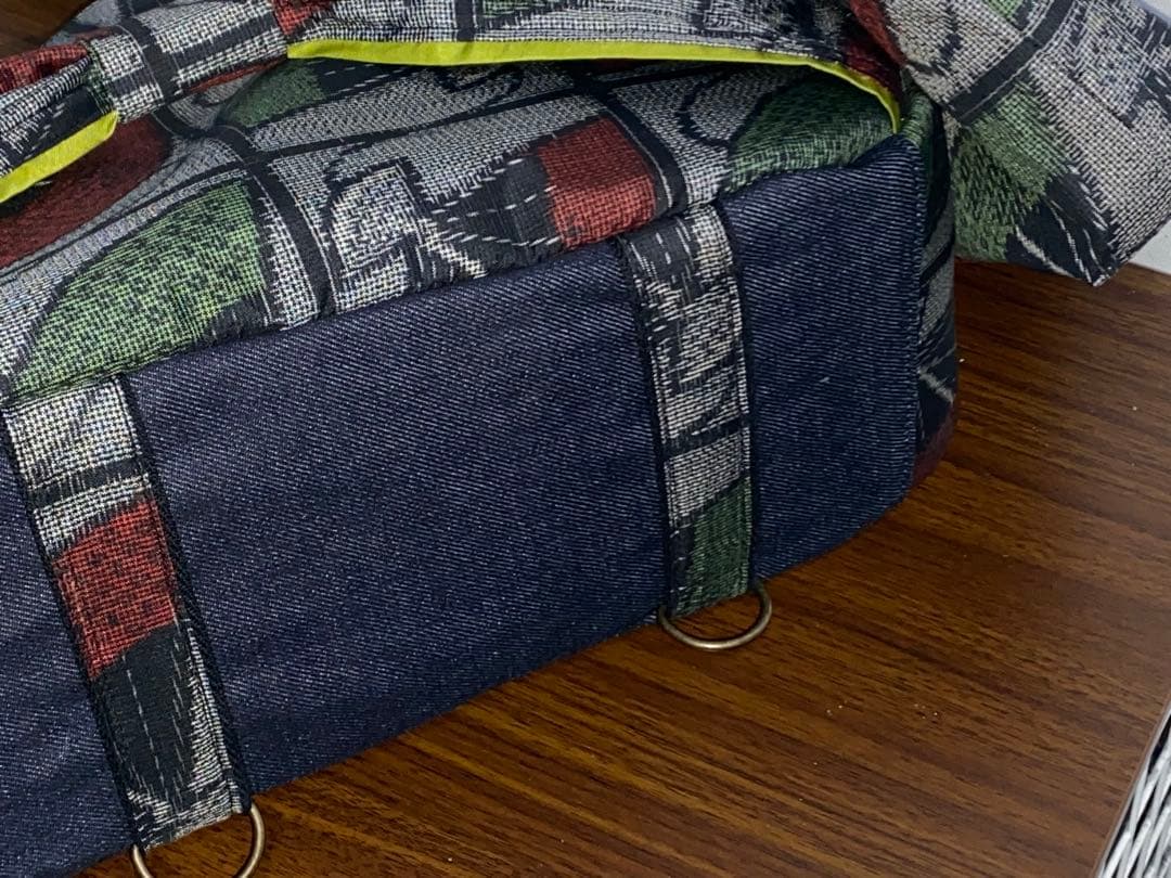 大島紬&岡山デニム☆Mサイズ☆4way♪あおりバッグ☆ポーチ付き