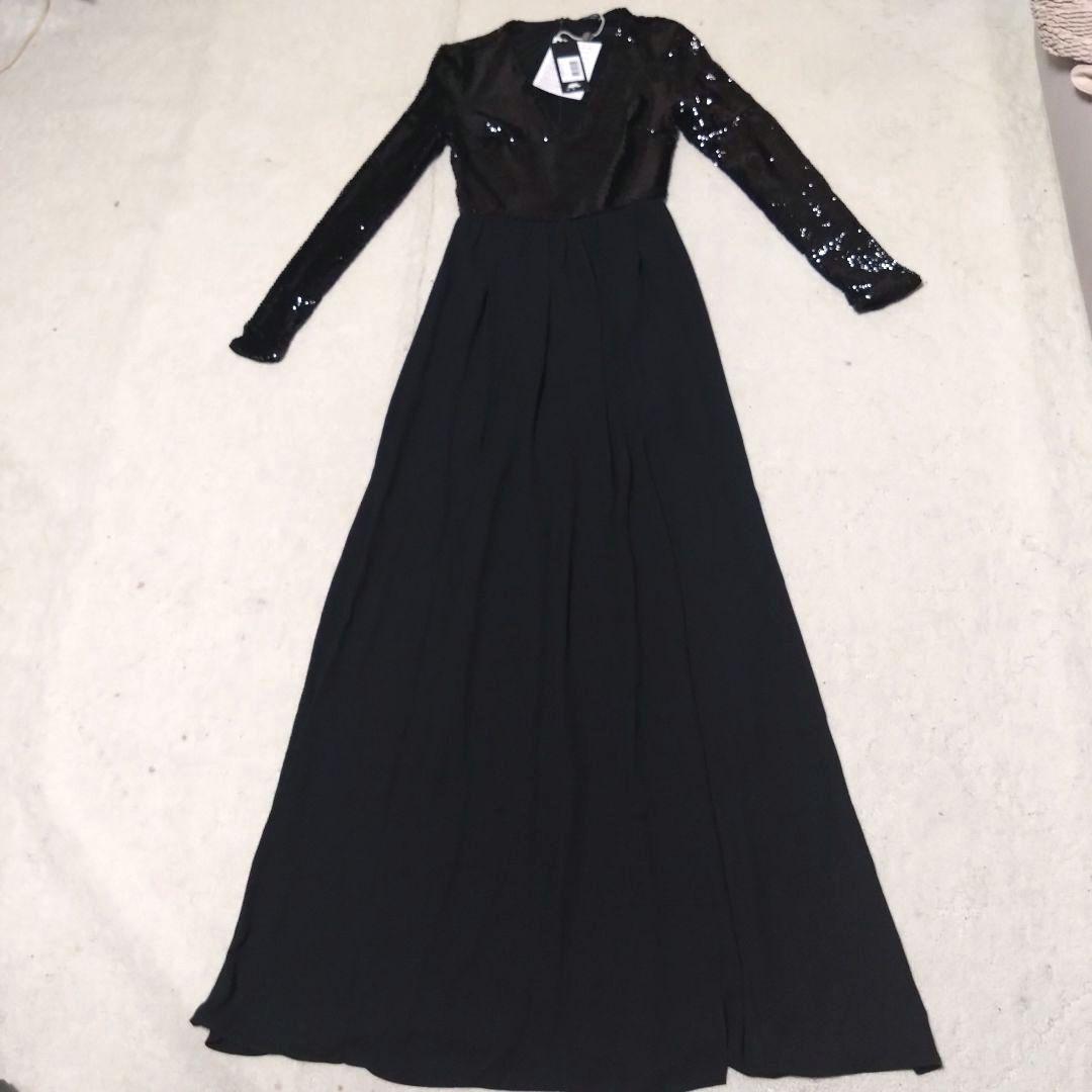 新品 未使用 ロングドレス パーティードレス マキシ丈 黒 スパンコール 結婚式
