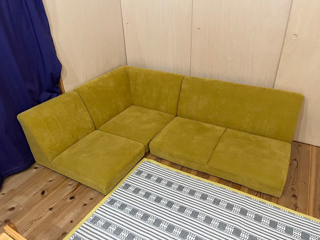 マスタード色 L字型ファブリックソファセット