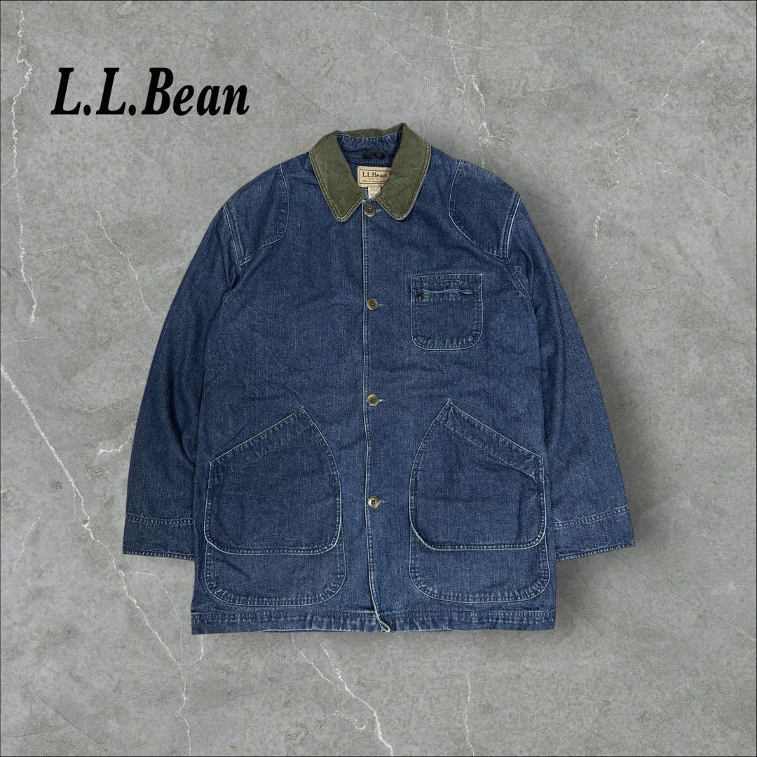 12]エルエルビーン デニムカバーオールジャケットブルゾン古着 襟コーデュロイ