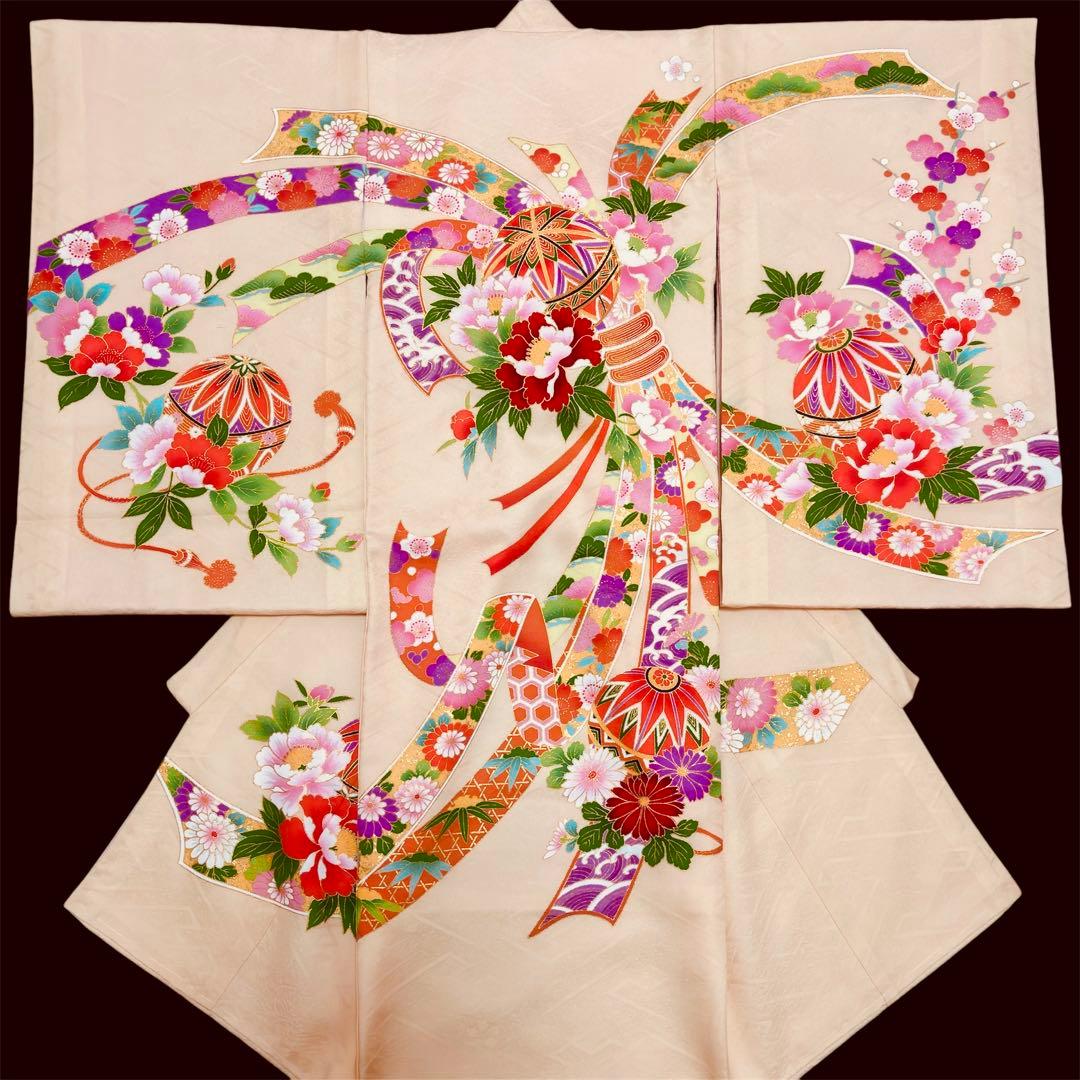 【新品】 正絹 日本製 特選京友禅 金駒刺繍 お宮参り 産着 ペールオレンジ