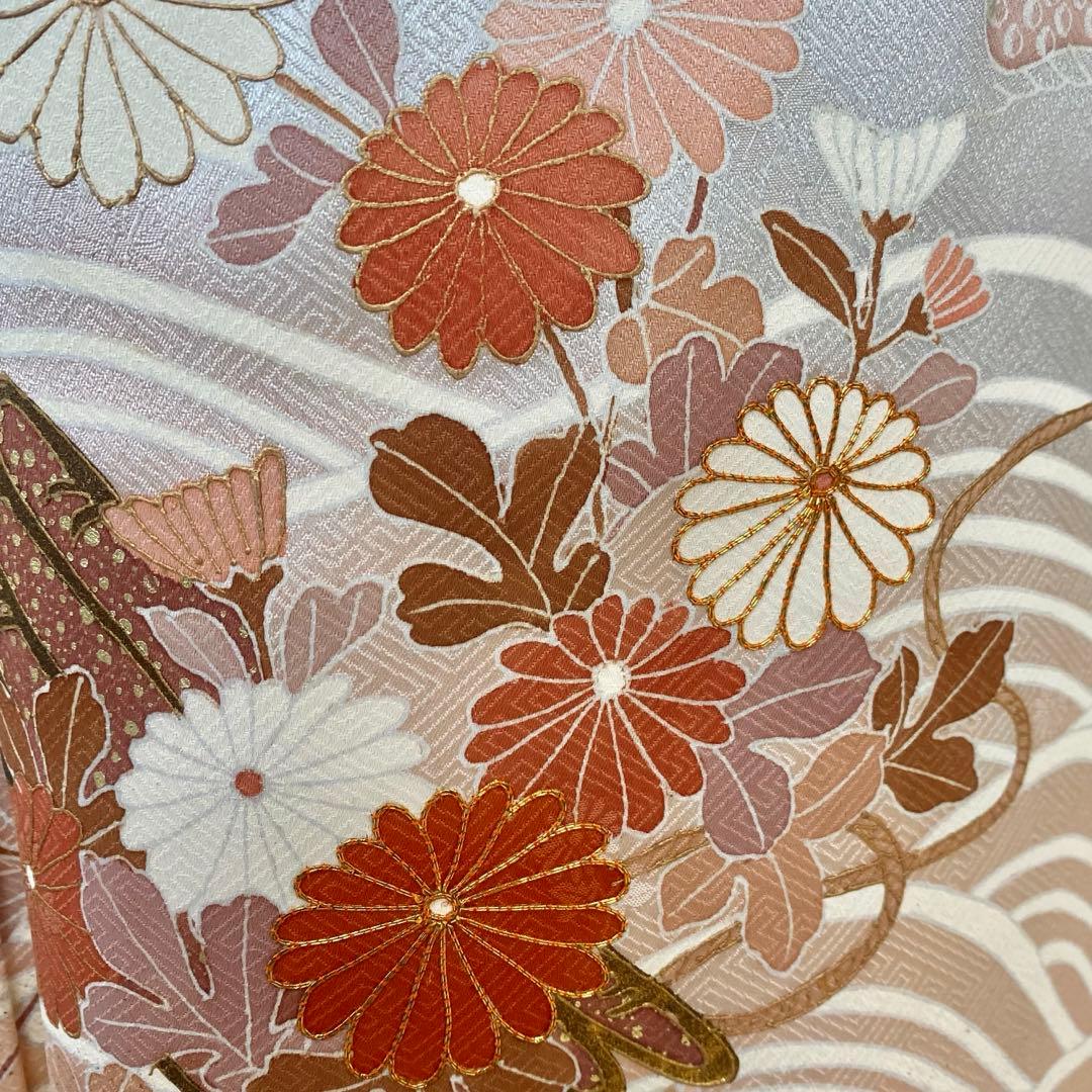 正絹　訪問着　一部金駒　薄いブルーグレー　袷