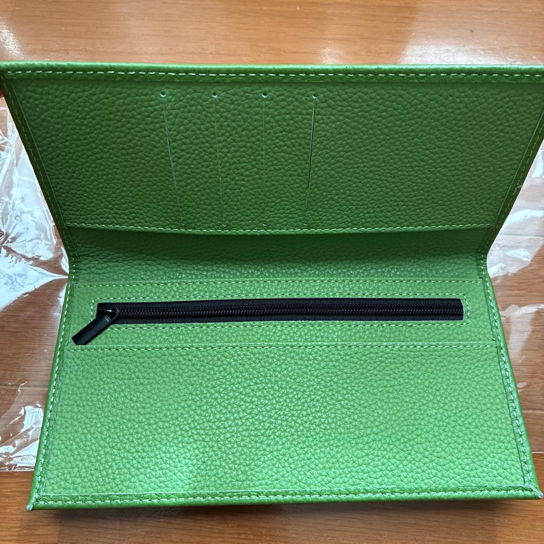 ☆開運　牛革皇居財布　長財布　グリーン　ジッパーポケット付き