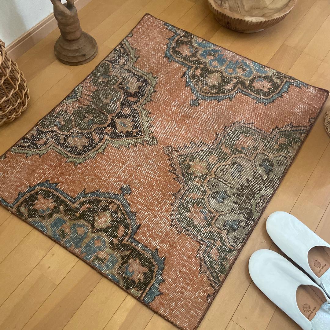 72×86 テラコッタカラー　オリエンタル柄 トルコヴィンテージラグ
