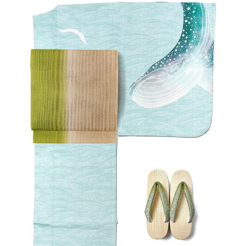 ★ミントグリーン地にクジラと波柄★めずらしい絵羽浴衣★夏きもの大人の浴衣