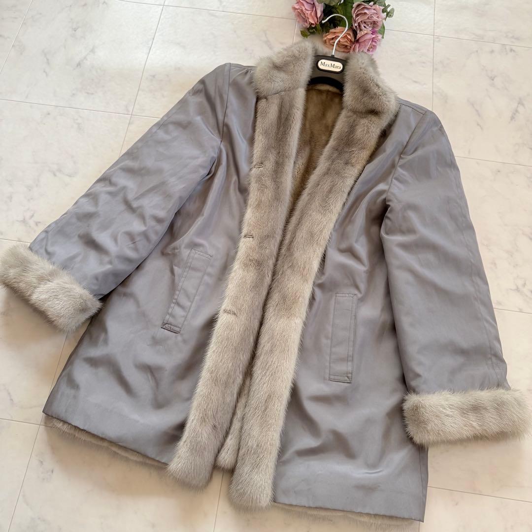 希少 サファイアミンク リバーシブル リアルファーコート ショールカラー 毛皮