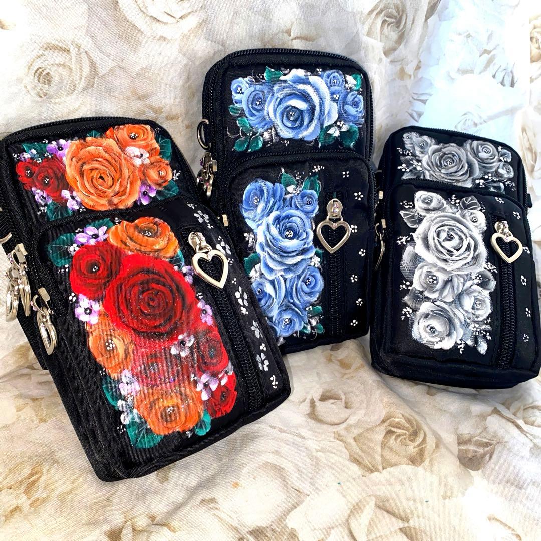 スマホポシェット　薔薇　手描き　トールペイント