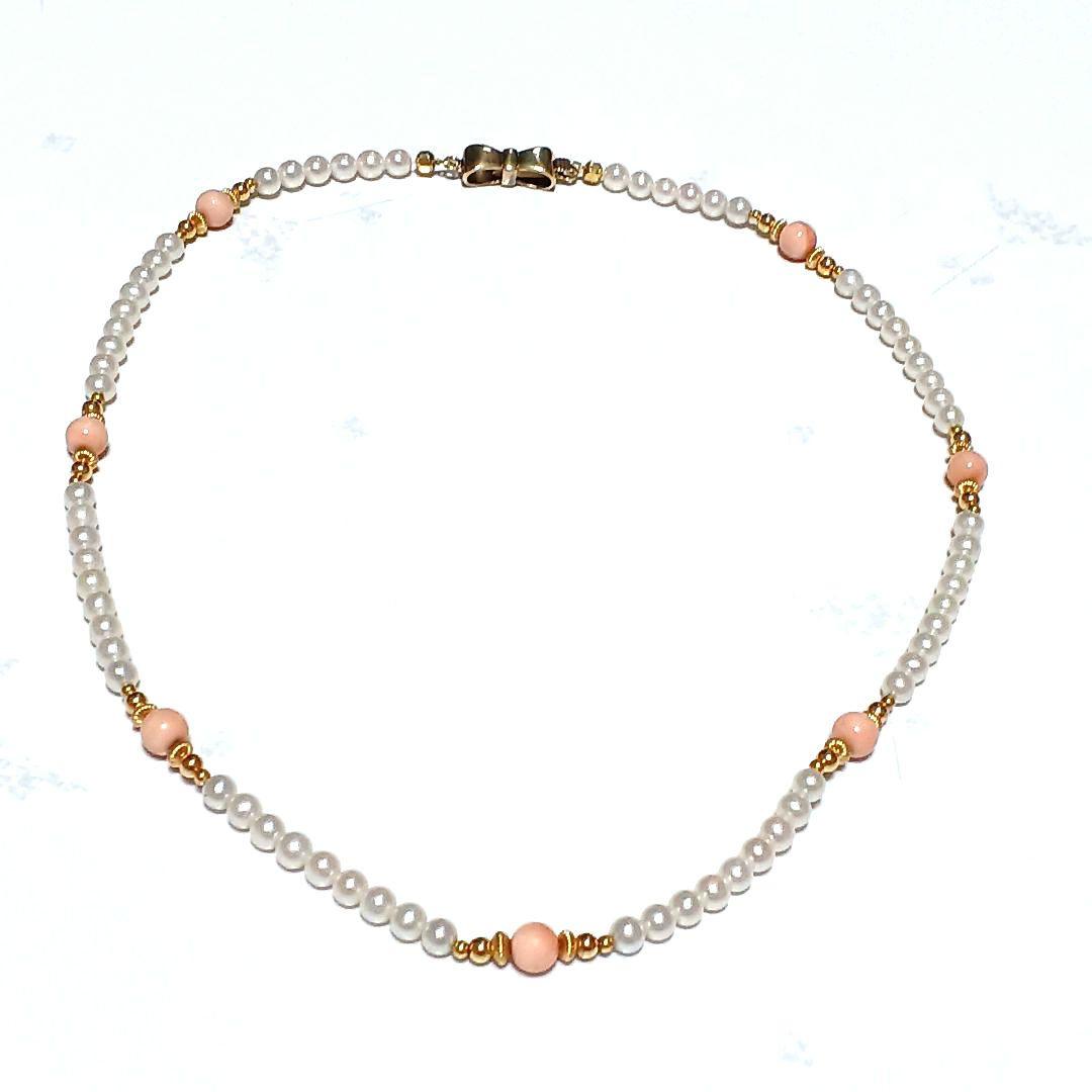 値下げ不可　あこや真珠　ベビーパール　珊瑚　リボン　ネックレス　シルバー