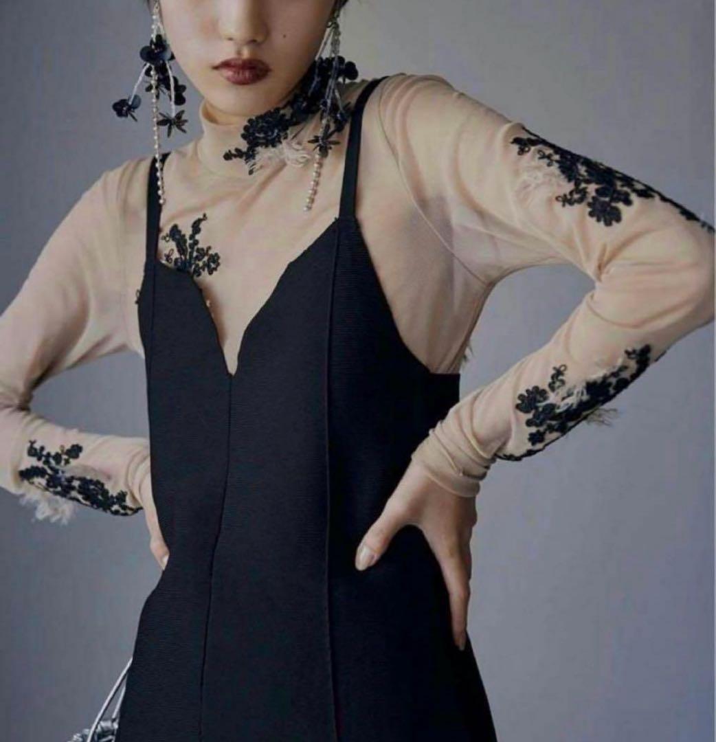 AMERI シアートップス　スキントップス　刺繍入りシースルータートルネック