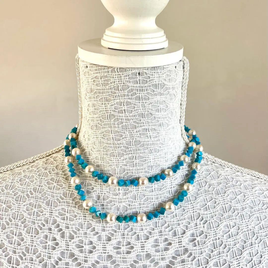 未使用級✨あこや真珠＆ターコイズ キューブカット ロングネックレス 2連可能