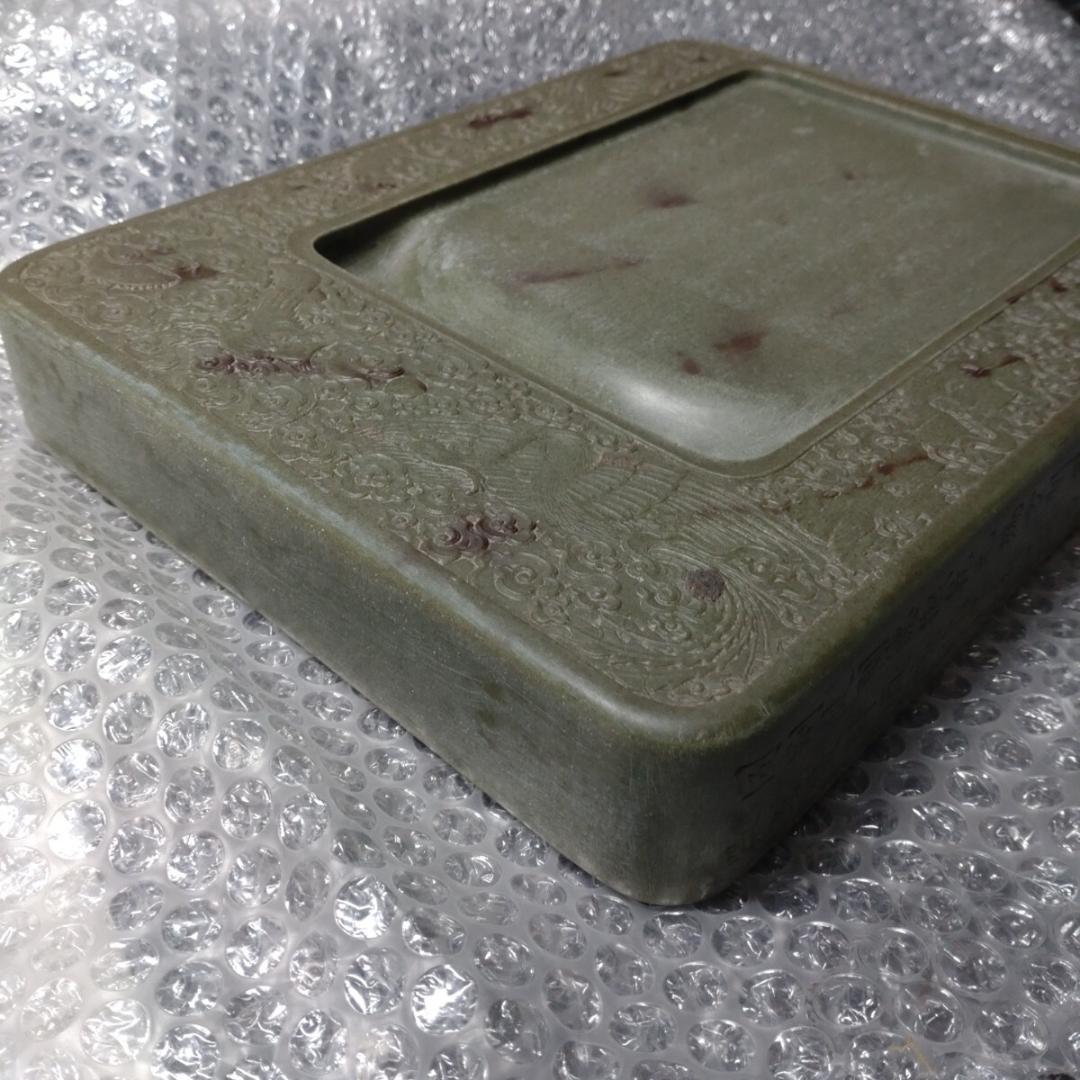 清代 上浣造 雲龍鳳凰彫刻 緑端渓硯 箱付 書道具