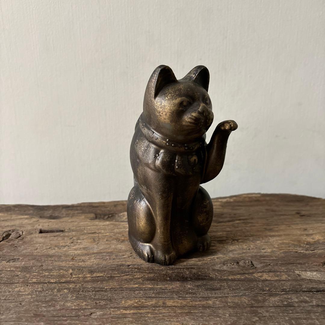 アンティーク　金属製の招き猫　縁起物　古道具　骨董品　福助人形　眠り猫　検:李朝