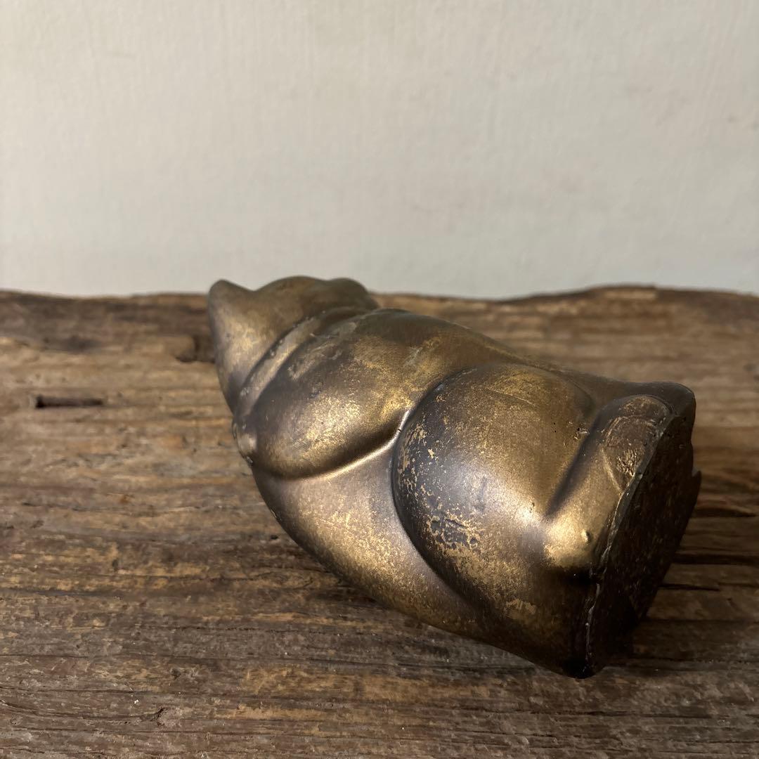 アンティーク　金属製の招き猫　縁起物　古道具　骨董品　福助人形　眠り猫　検:李朝