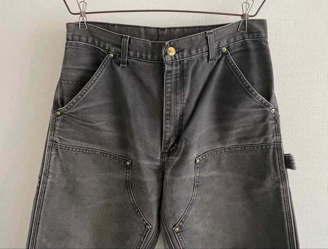 90sカーハートUSA製carharttダブルニー黒ワークパンツダック地フェード