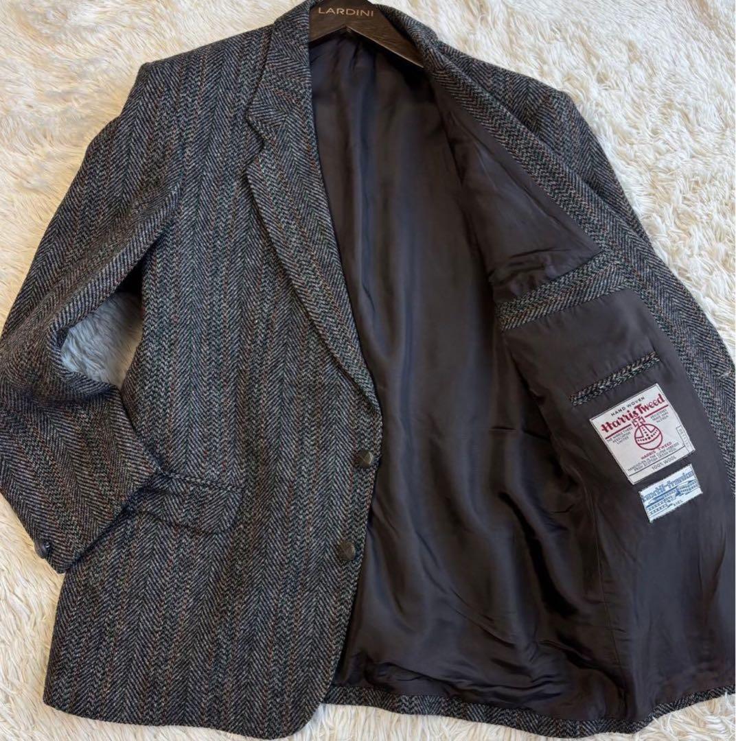 ■美品■ ハリスツイード ヘリンボーン柄テーラードジャケット グレー系 LL