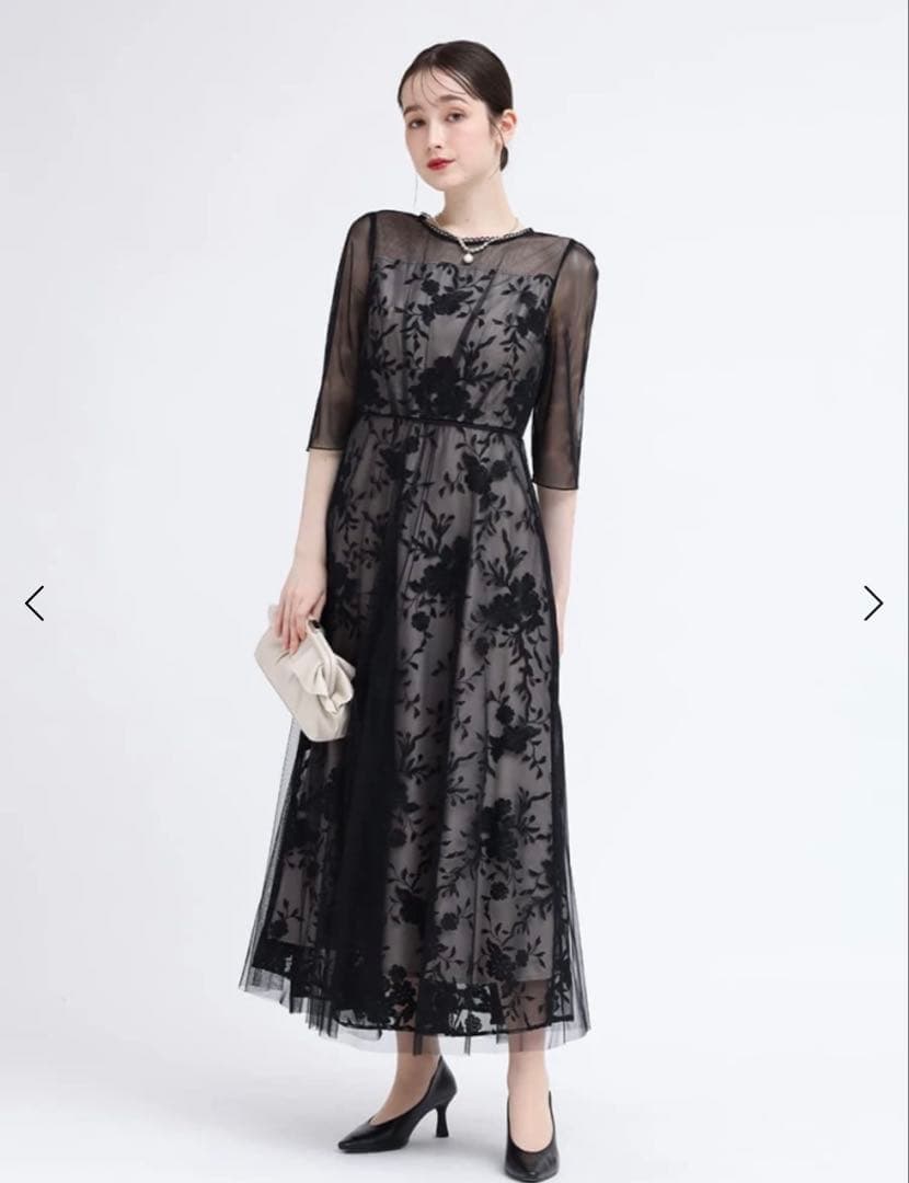 Rire Fete チュールレイヤードフラワー刺繍ドレス　ブラック　9号　結婚式