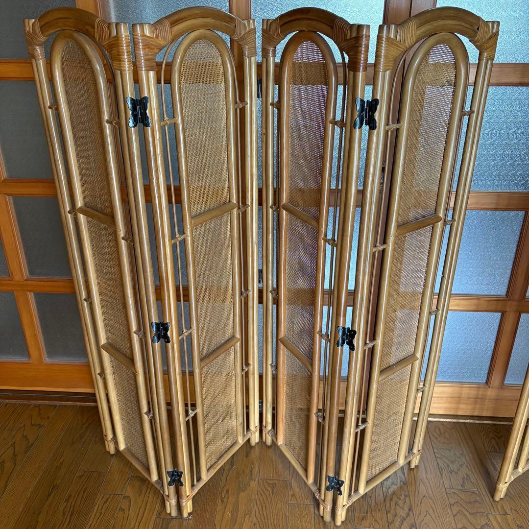 【昭和レトロ】籐 ラタン 4連・3連ペアセット　　パーテーション　間仕切り　衝立