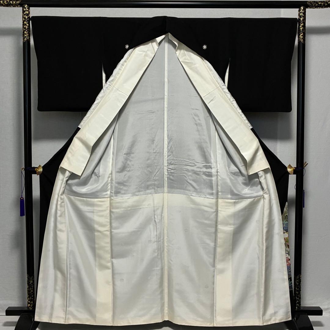 D128 黒留袖 友禅 落款入 鶴 花模様 正絹 着物 袷 極美品