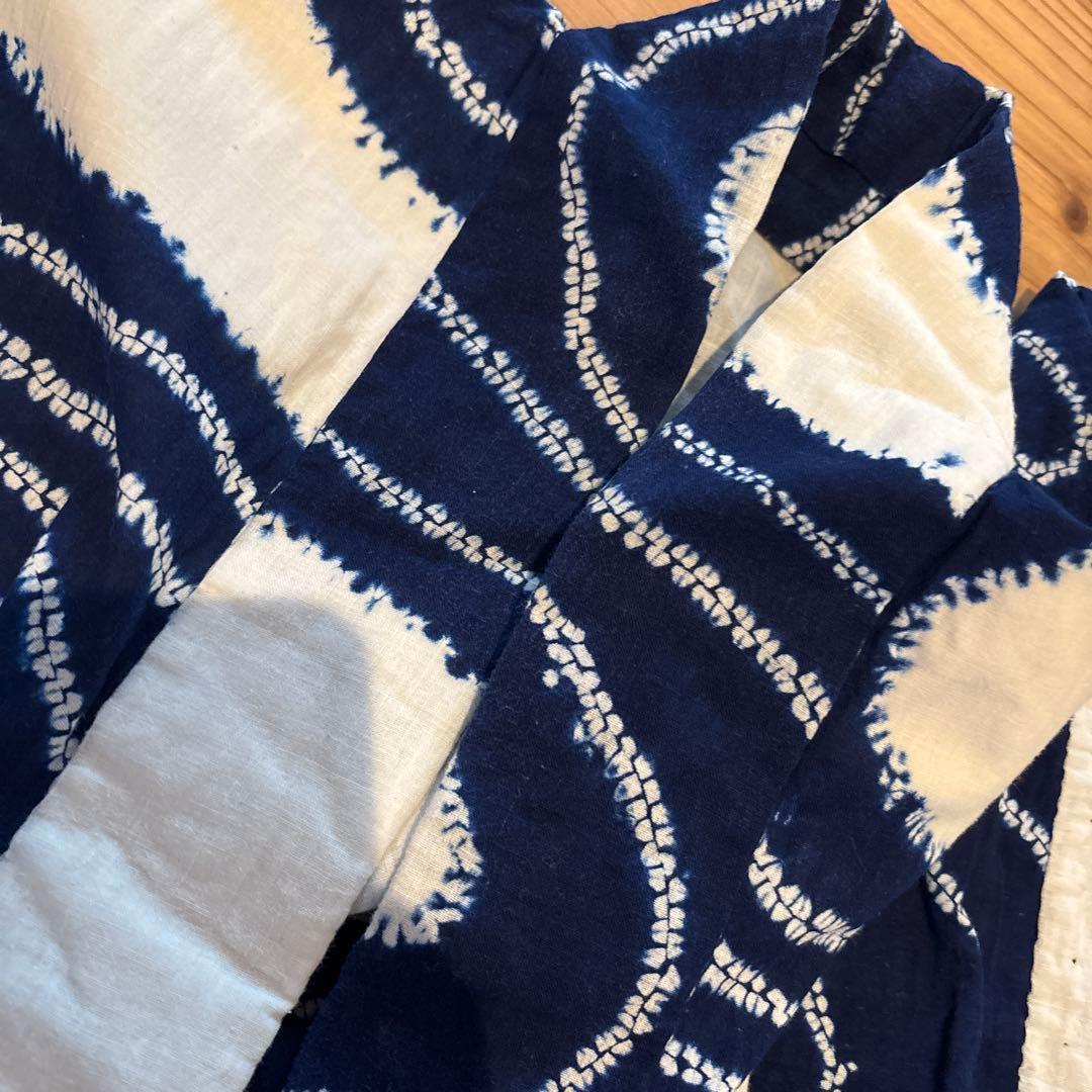 有松絞り浴衣 波 ぐるぐる 単色 手縫い 藍染 アンティーク ヴィンテージ 絞り